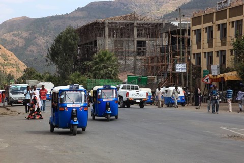 In a village in the highlands between Mekele and Lalibela, road traffic, street scene, Ethiopia,