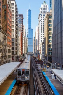 Chicago L Elevated elevated metro train public transport train at the Adams Wabash stop in Chicago,