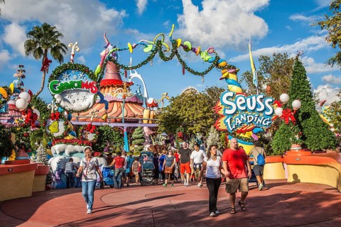 Park guests at entrance to Seuss Landing at Universal Studios Islands of Adventure in Orlando,