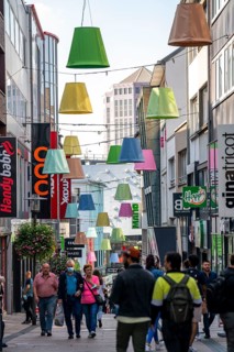 City centre of Essen, summer, Limbecker Straße, pedestrian zone, shopping street, decoration, North