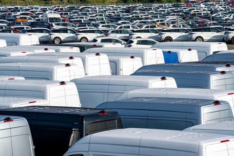 Car terminal in the inland port Logport I, in Duisburg on the Rhine, vehicle handling of new cars,