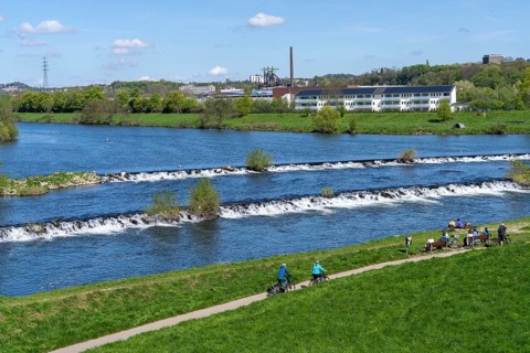 Ruhr weir near Hattingen, section of the Ruhr Valley cycle path along the Ruhr, North