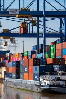 Container cargo ship in the harbour basin of the Logport, gantry cranes in the Container Handling