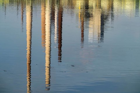 Reflections of the chimneys of the ThyssenKrupp Steel steelworks in Bruckhausen, in the Rhine,