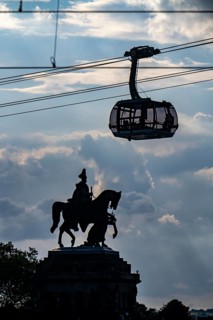 The monument to Kaiser Wilhelm I at the Deutsches Eck, cabin of the Koblenz cable car to