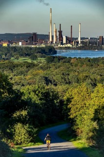View, from the Rheinpreußen spoil tip in Mörs, across the Rhine to the Thyssenkrupp Steel