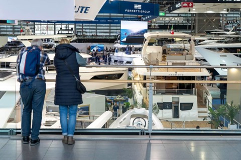 Large yachts, luxury yachts, in Hall 6 of BOOT 2024, the world's largest yacht and water sports