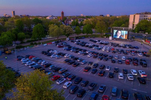 Temporary drive-in cinema, in the car park in front of Messe Essen, Grugahalle, large LED screen,