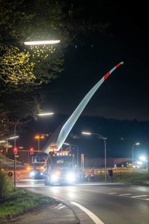 Transport of a 68 metre long, 22 tonne blade of a wind turbine, here in Schwelm, with a