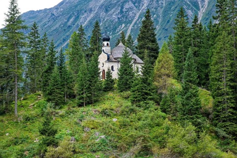 Lake chapel Maria am See, Obernberger See, mountain lake, landscape of the Stubai Alps, weather