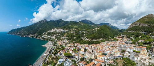Panorama of Vietri sul Mare from a drone, Amalfi Coast, Salerno, Campania, Italy, Europe