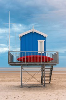 Cabin for lifeguards, blue, observation tower, rescue tower, beach, neutral, North Sea island,