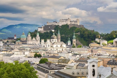 View of Salzburg with Hohensalzburg Fortress in the background and the historic city centre in the