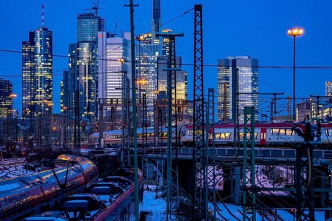Railway tracks in front of the main station of Frankfurt am Main, ICE train, skyline of the