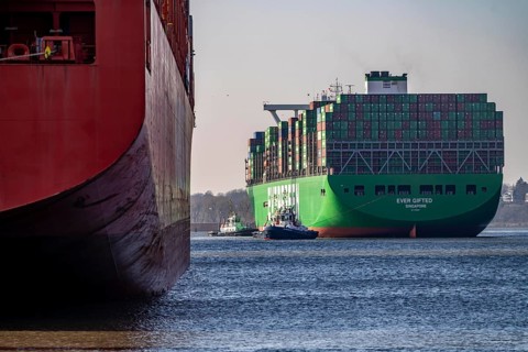 Container ship Ever Gifted, arriving at the port of Hamburg, Waltershofer Hafen, HHLA Container