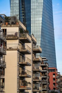 Building of the European Central Bank, ECB, on the Main in Frankfurt, residential buildings on the