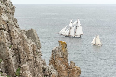 Large old traditional sailing boat in a bay on the Atlantic. Camaret sur mer, Crozon, Finistere,
