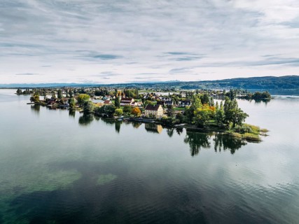 Aerial view of the north-western tip of the island of Reichenau in Lake Constance, with the