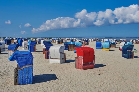 Landscape of the beach chairs of the Beach Harlesiel, North Sea, East Frisia, Lower Saxony,