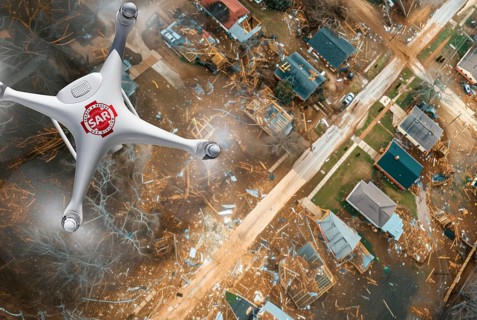 Quadcopter UAV search and rescue SAR drone flying A search above A tornado path of destruction, AI