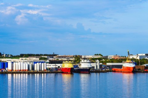 Ships in Industrial Zone over FjordSailing, Stavanger, Boknafjorden, Norway, Europe
