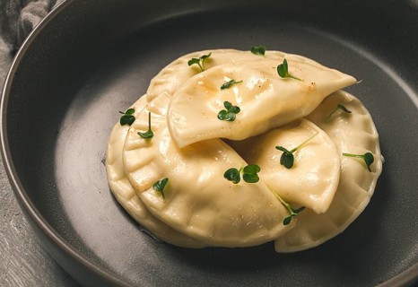 Pierogi, a traditional dish of Polish cuisine, dumplings, top view, close-up, no people