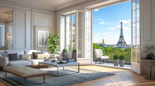 A large, modern living room with a large window overlooking the Eiffel Tower in Paris, AI generated