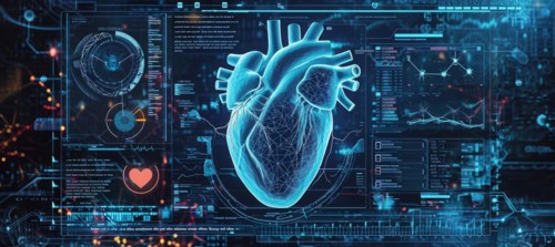 Hearth health cardiology concept with display that shows science research for heart diseases, AI