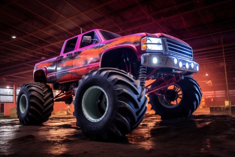 Monster truck illuminated by neon lights, excitement and thrill of an extreme sport and