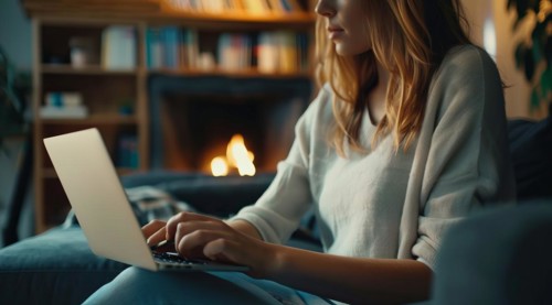 A woman at home with a laptop or tablet browsing internet, paying bills and shopping online, AI