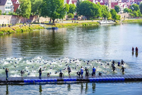Swim start, triathlon, Danube, Ulm, Swabia, Baden-Württemberg, Germany, Europe