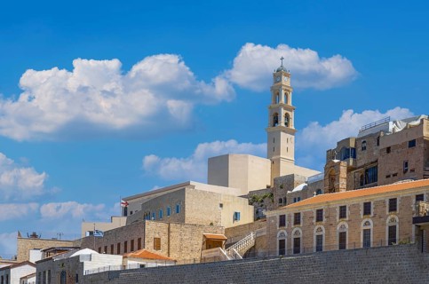 Israel, view of Tel Aviv shore sea shoreline and Namal Yafo historic Old Jaffa port, Asia