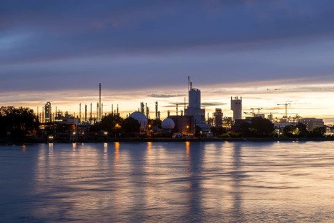 BASF, Lugwigshafen on the Rhine, industrial area, dusk, Mannheim, Baden-Württemberg, Germany,