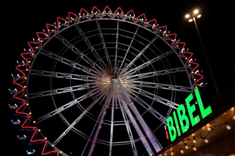 Night shot, sales stand for Bibles, religion, neon sign, Ferris wheel, Bible, behind it Ferris