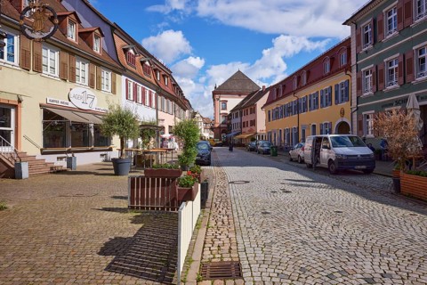 Street of cobblestones through the old town centre of Gengenbach, Black Forest, Ortenaukreis,