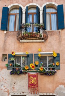 Windows decorated with flowers on a house facade, Venetian flag, Venice, Veneto, Italy, Europe