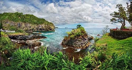 Coastal landscape panorama with rocky cliffs, green grass and dense vegetation, blue water and