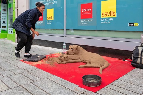 Street artist creates sand sculptures of dogs on a pavement, Cork