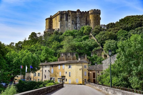 The castle in the commune of Suze-la-Rousse in the Département of Drôme in the Auvergne-Rhône-Alpes
