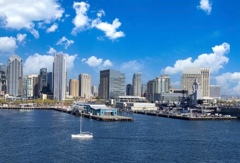 USA, Scenic San Diego downtown financial district city skyline and skyscrapers. San Diego Bay,
