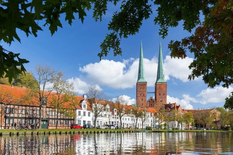 Lübeck Cathedral, Dom zu Lübeck, Lübecker Dom along the river Trave in the Hanseatic town Luebeck,