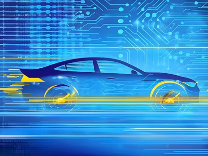 Sport car silhouette with vibrant blue and yellow dynamic lines showing motion, surrounded by data