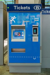 Close-up of automated train ticket vending machine, tvm in NMBS railway station in Flanders,