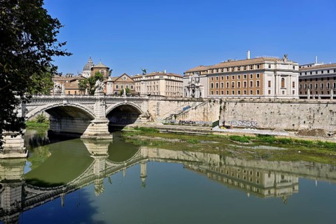 Vittorio Emanuele II Bridge reflected in the Tiber, Rome, Lazio, Central Italy, Italy, Europe