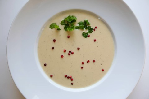 Swabian cuisine, green spelt soup, healthy, vegetarian, regional, soup served in a soup plate, red