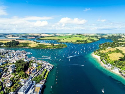 Salcombe and Mill Bay over Kingsbridge Estuary from a drone, Batson Creek, Southpool Creek, Devon,