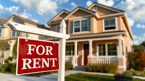 Home for rent real estate sign in front of house. generative AI, AI generated