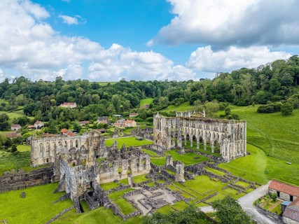 Rievaulx Abbey from a drone, North York Moors National Park, North Yorkshire, England, United