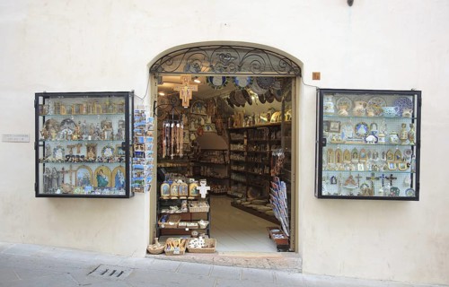 Devotalia and souvenir shop in Assisi, Umbria, Italy, Europe