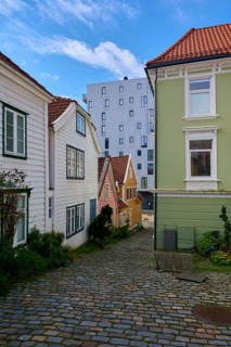 Historic town centre of Bergen with narrow streets and cobblestones surrounded by traditional